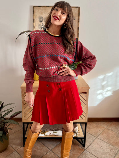 1970's vintage red, grey and blue square pattern knit mohair pullover