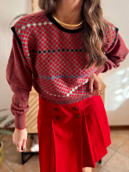 1970's vintage red, grey and blue square pattern knit mohair pullover