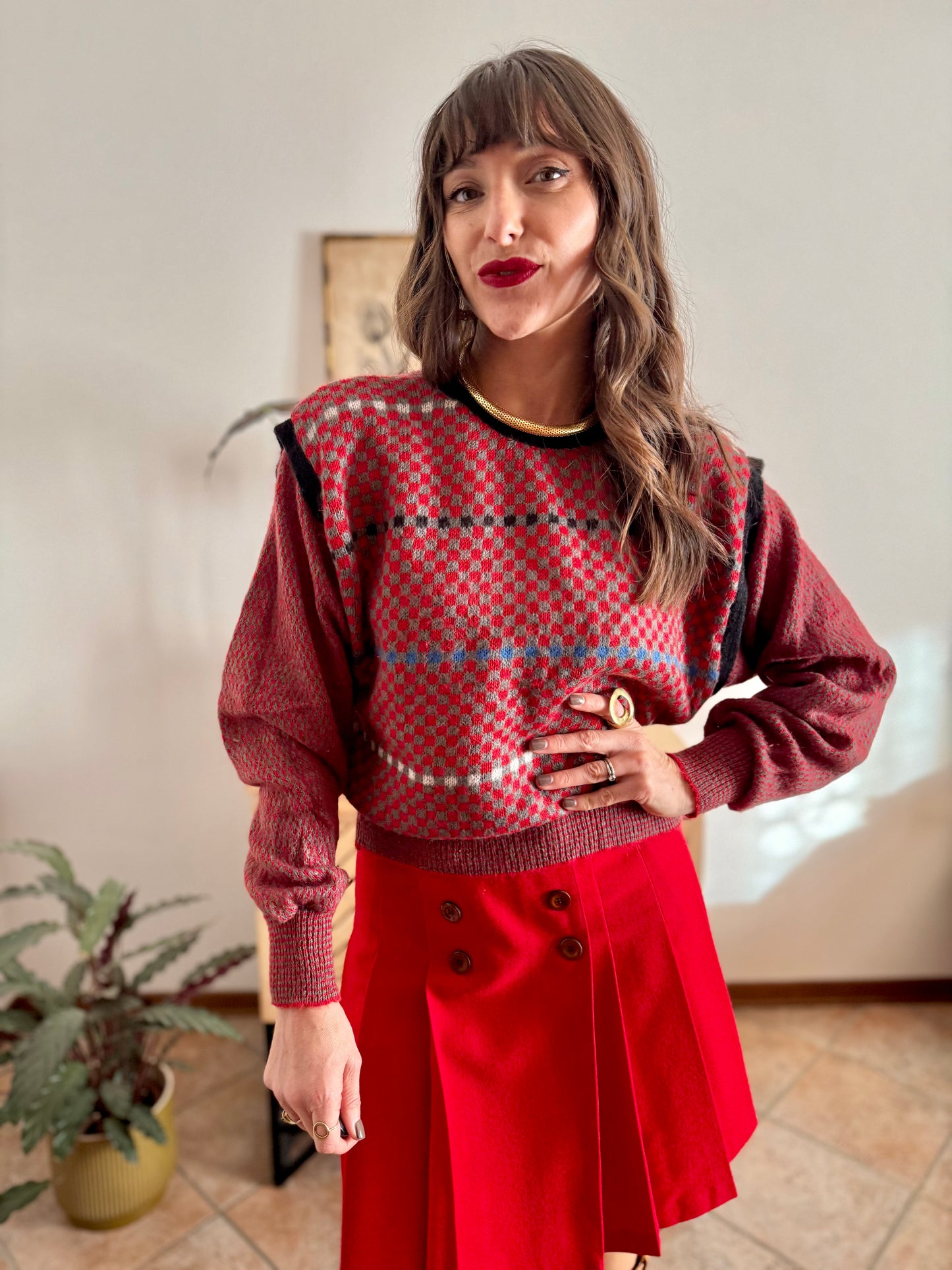 1970's vintage red, grey and blue square pattern knit mohair pullover