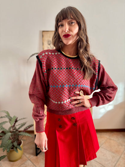 1970's vintage red, grey and blue square pattern knit mohair pullover