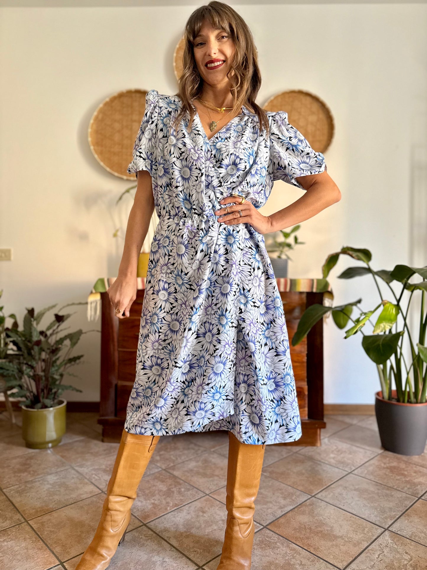 1970's vintage black and white daisy print midi dress with blue and lilac accents