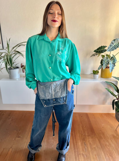 1980's vintage green blouse with embroidered floral details