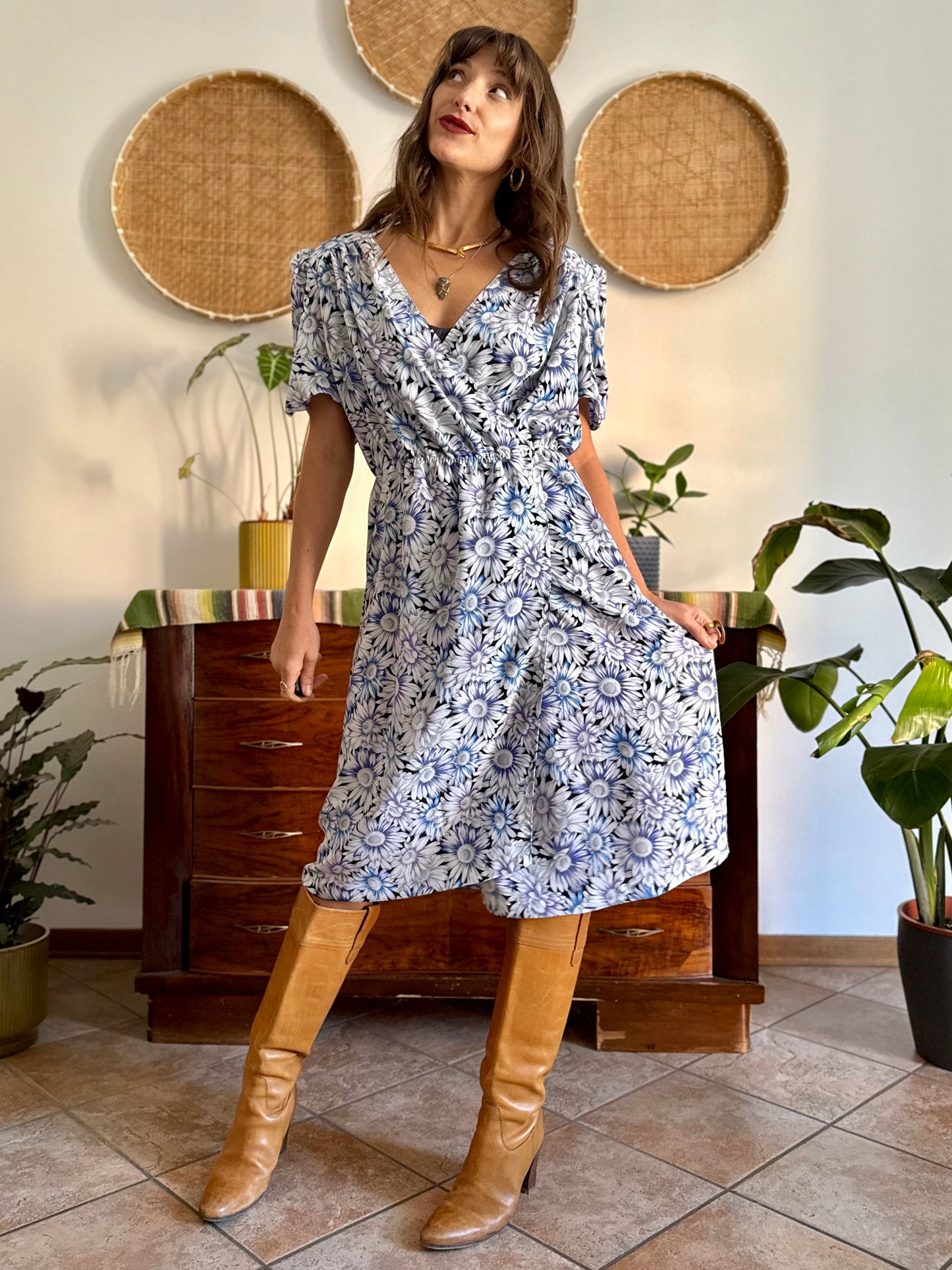 1970's vintage black and white daisy print midi dress with blue and lilac accents