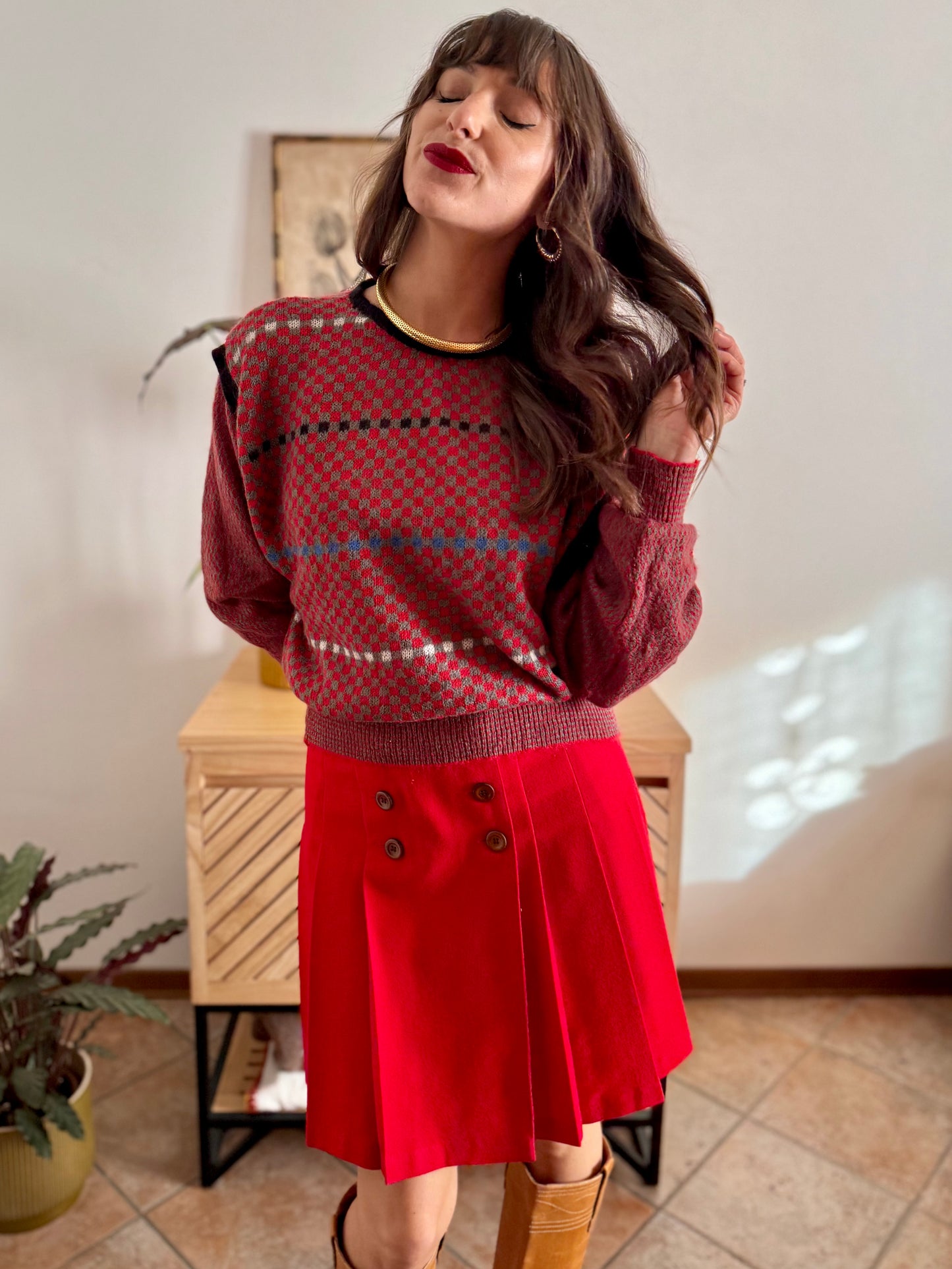 1970's vintage red, grey and blue square pattern knit mohair pullover