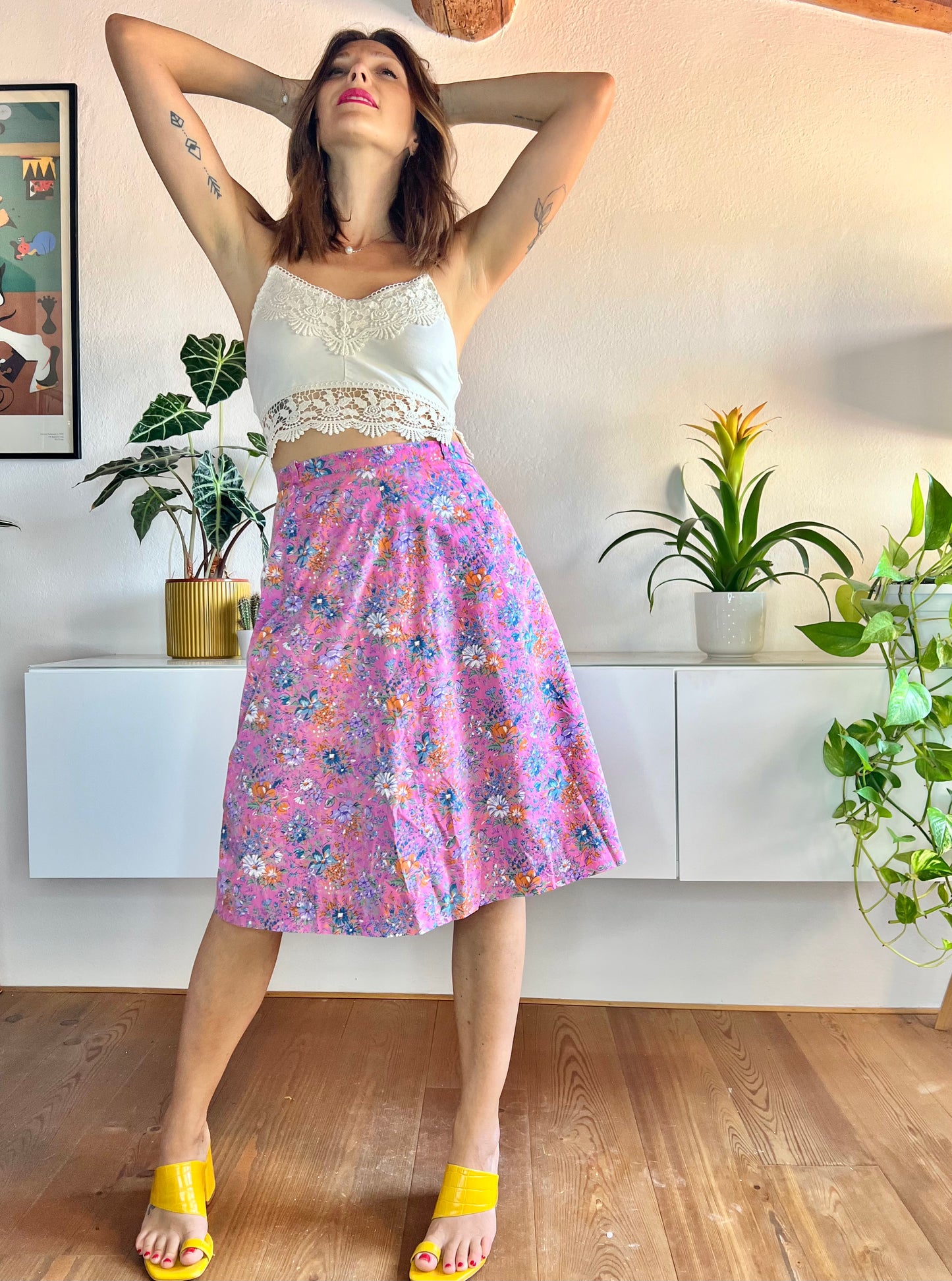 1970's vintage pink and orange floral midi skirt