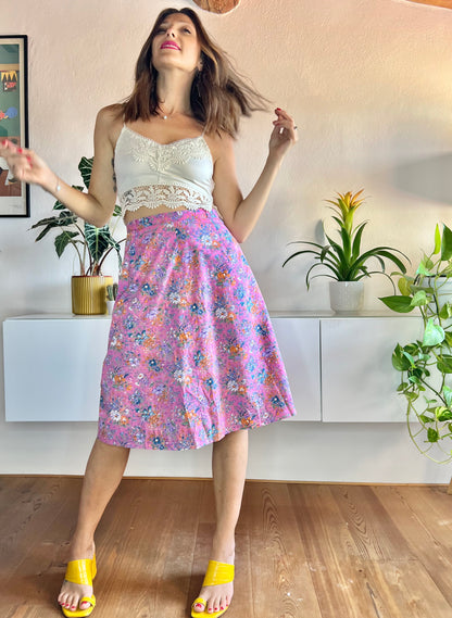 1970's vintage pink and orange floral midi skirt