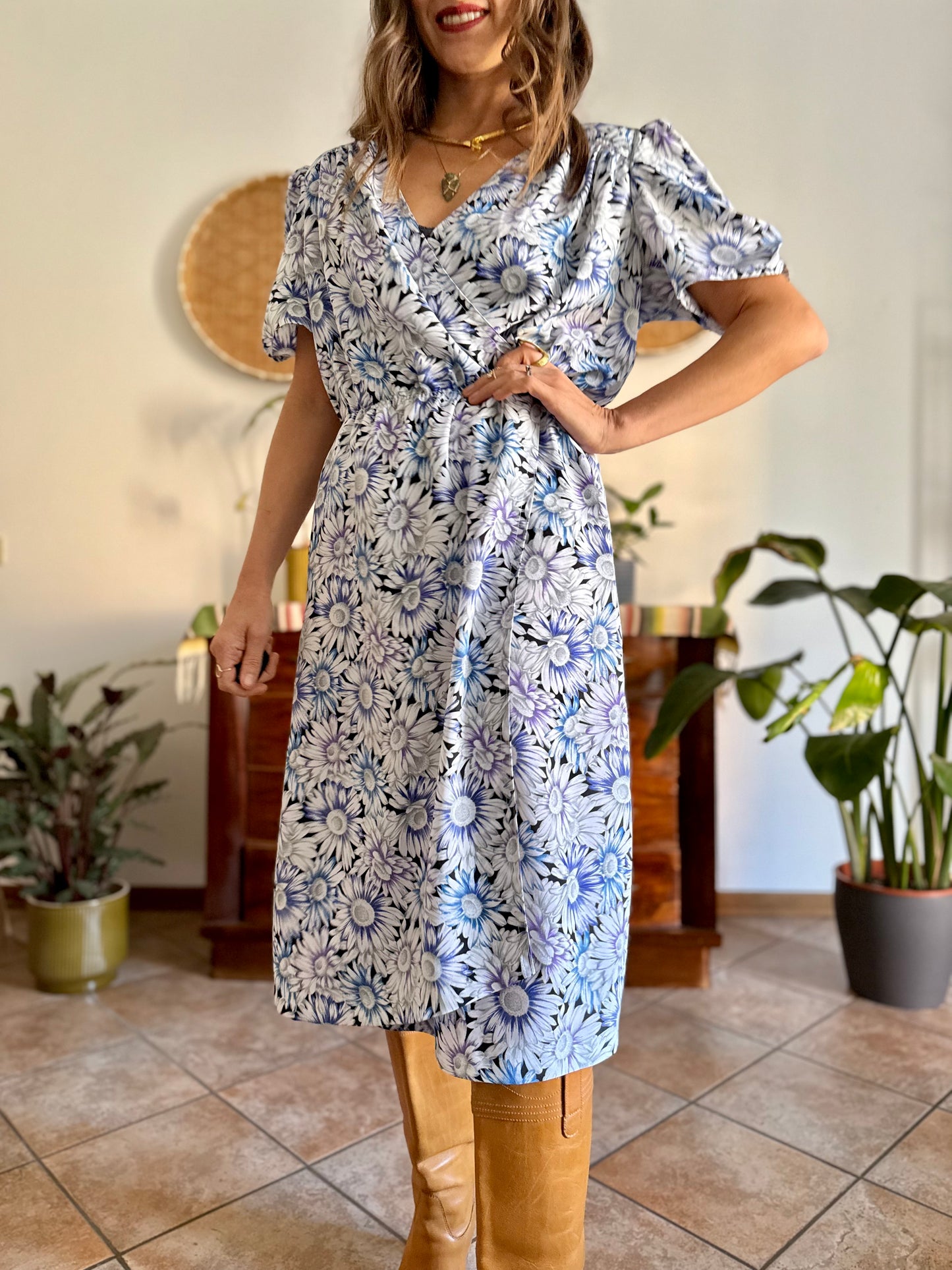 1970's vintage black and white daisy print midi dress with blue and lilac accents