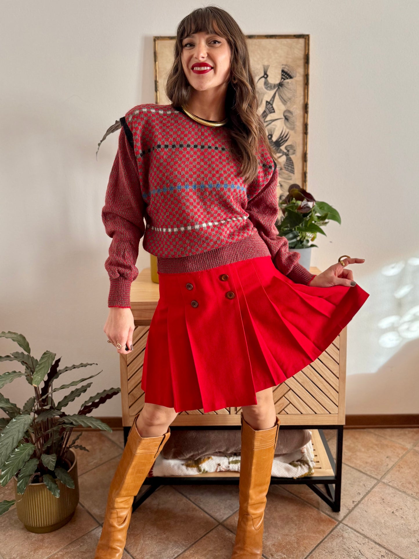 1970's vintage red, grey and blue square pattern knit mohair pullover