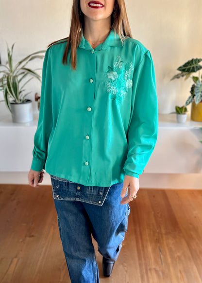 1980's vintage green blouse with embroidered floral details