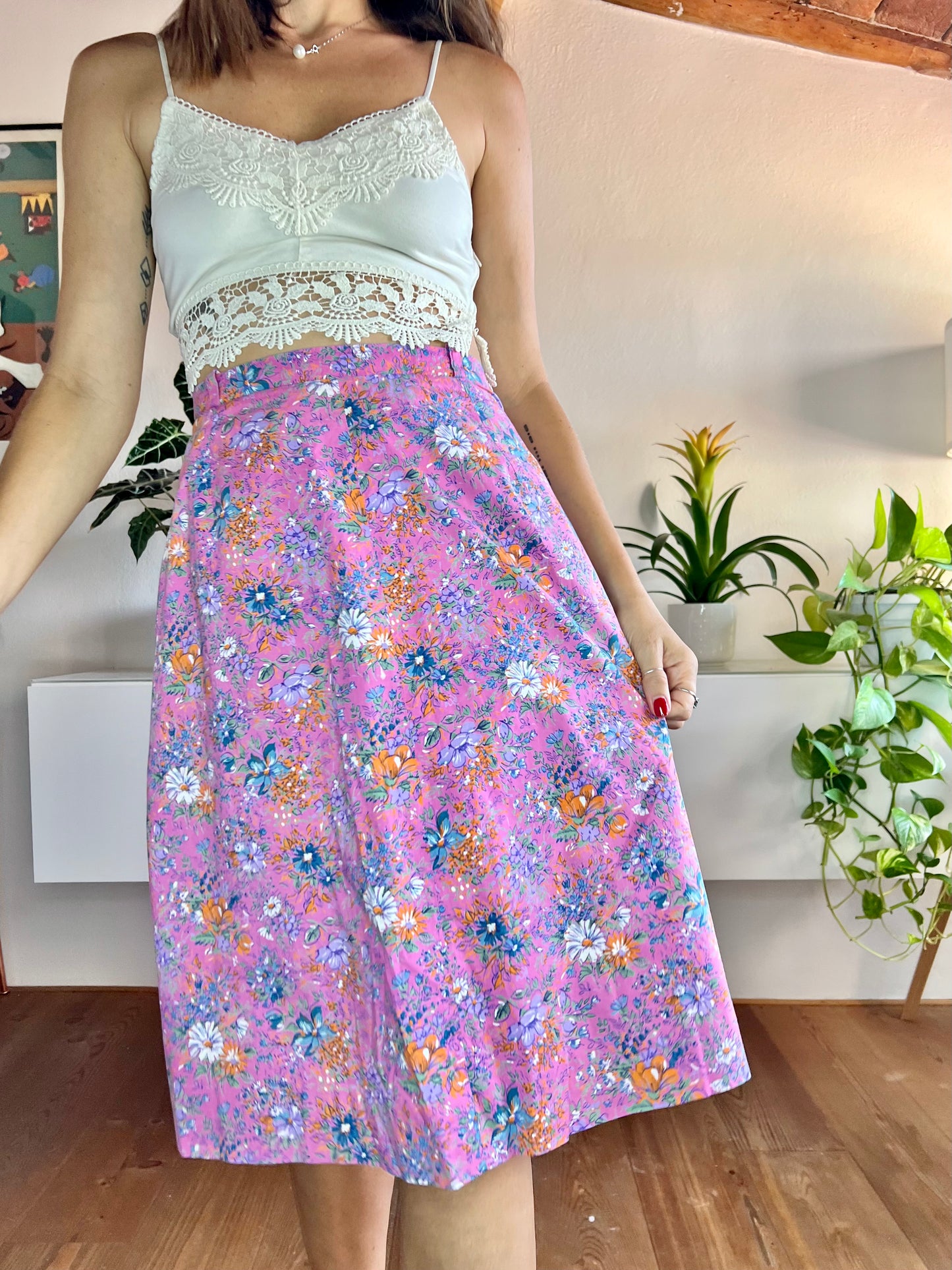 1970's vintage pink and orange floral midi skirt