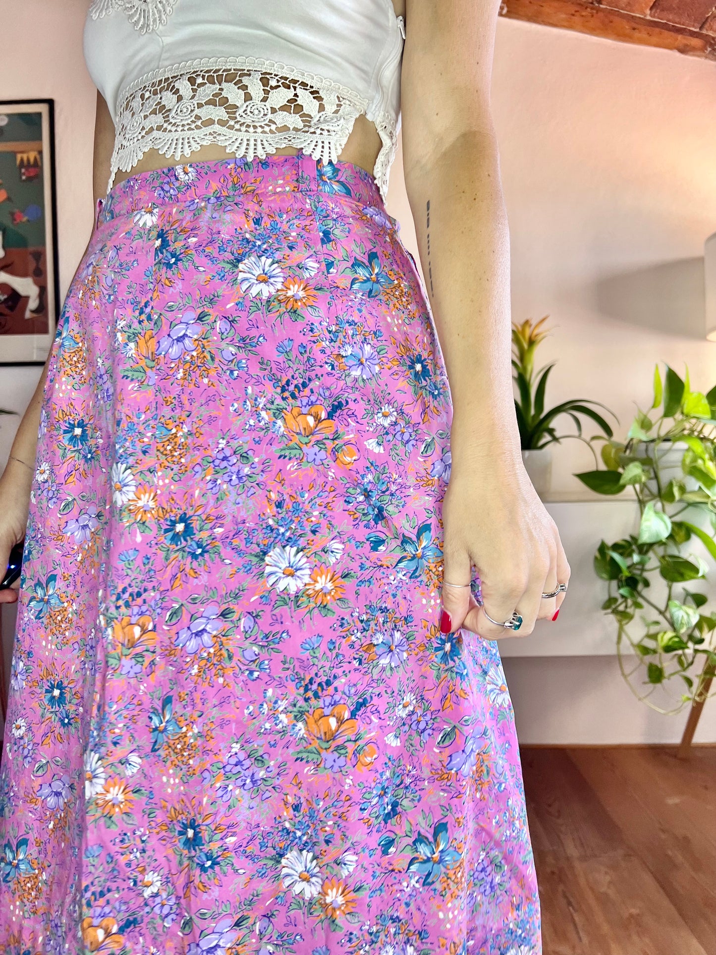 1970's vintage pink and orange floral midi skirt