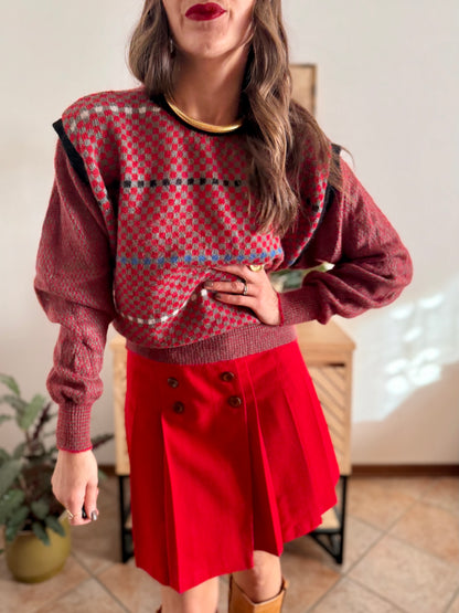 1970's vintage red, grey and blue square pattern knit mohair pullover