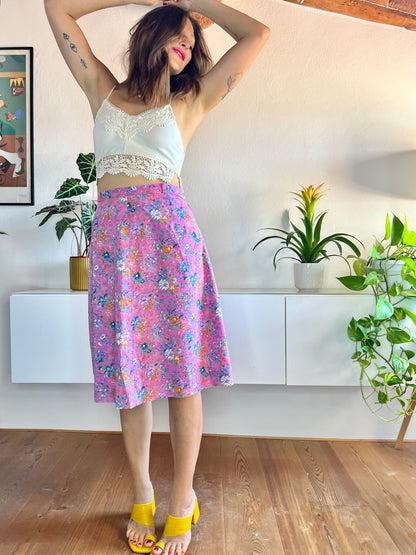 1970's vintage pink and orange floral midi skirt