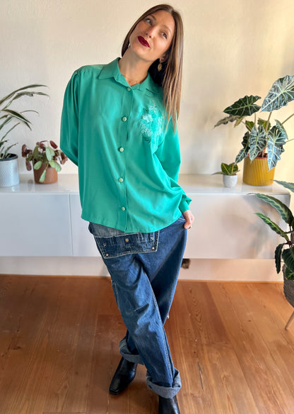 1980's vintage green blouse with embroidered floral details