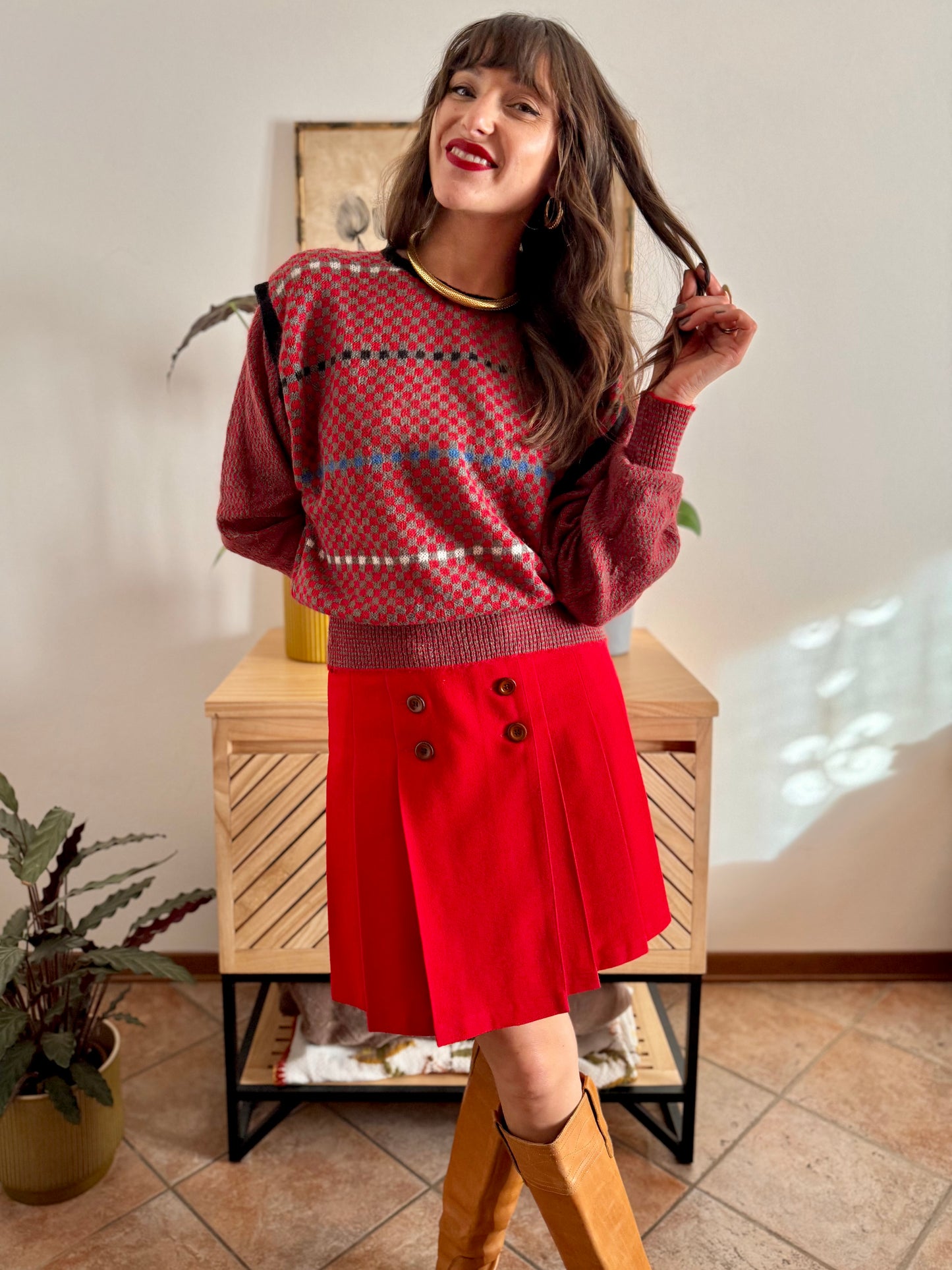 1970's vintage red, grey and blue square pattern knit mohair pullover