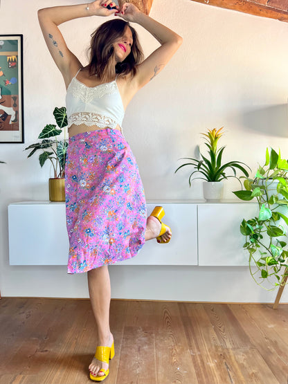 1970's vintage pink and orange floral midi skirt