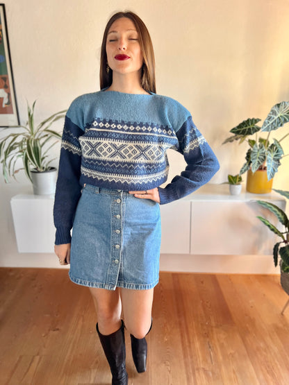 1970's vintage two tone blue fair isle wool pullover