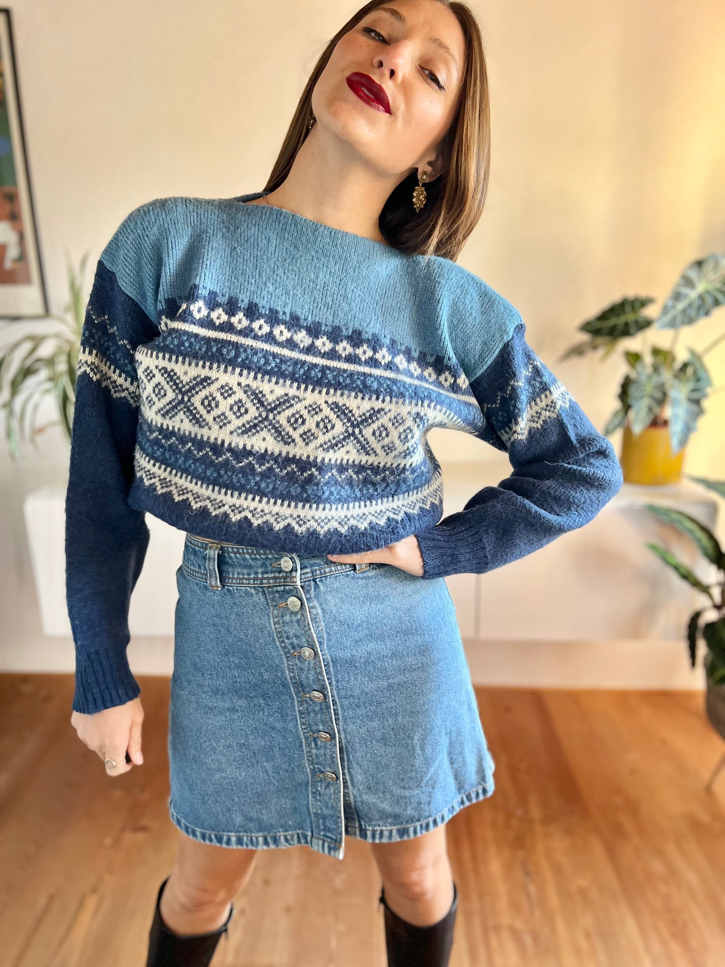 1970's vintage two tone blue fair isle wool pullover