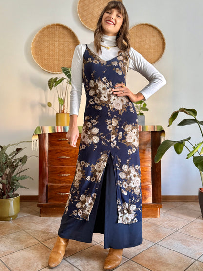 1990's vintage navy blue maxi dress with brown and cream floral print