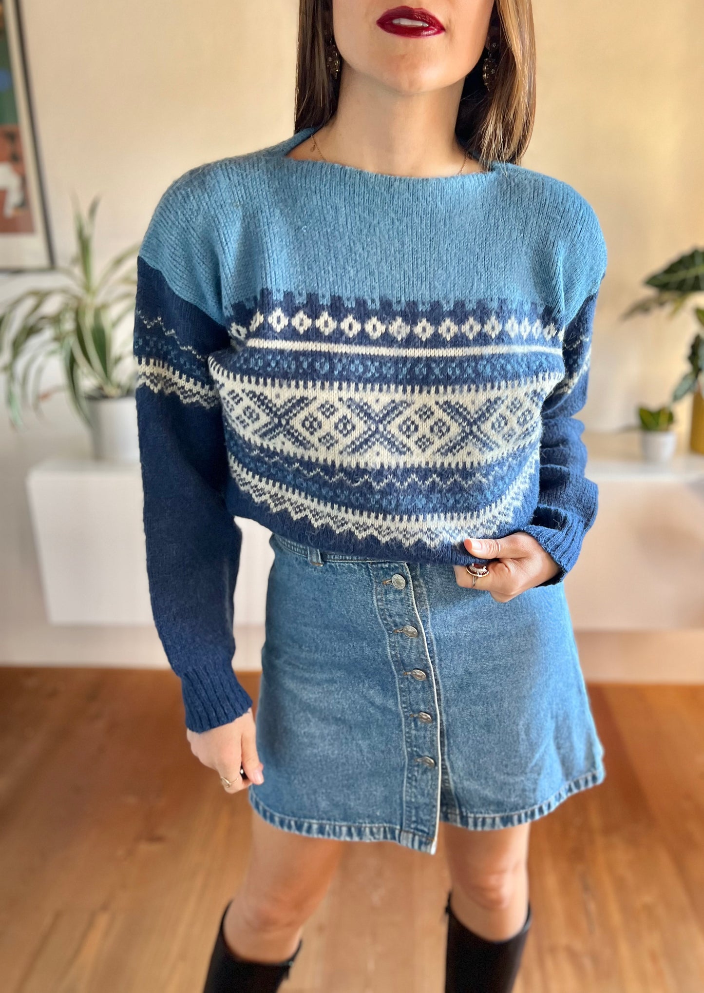 1970's vintage two tone blue fair isle wool pullover