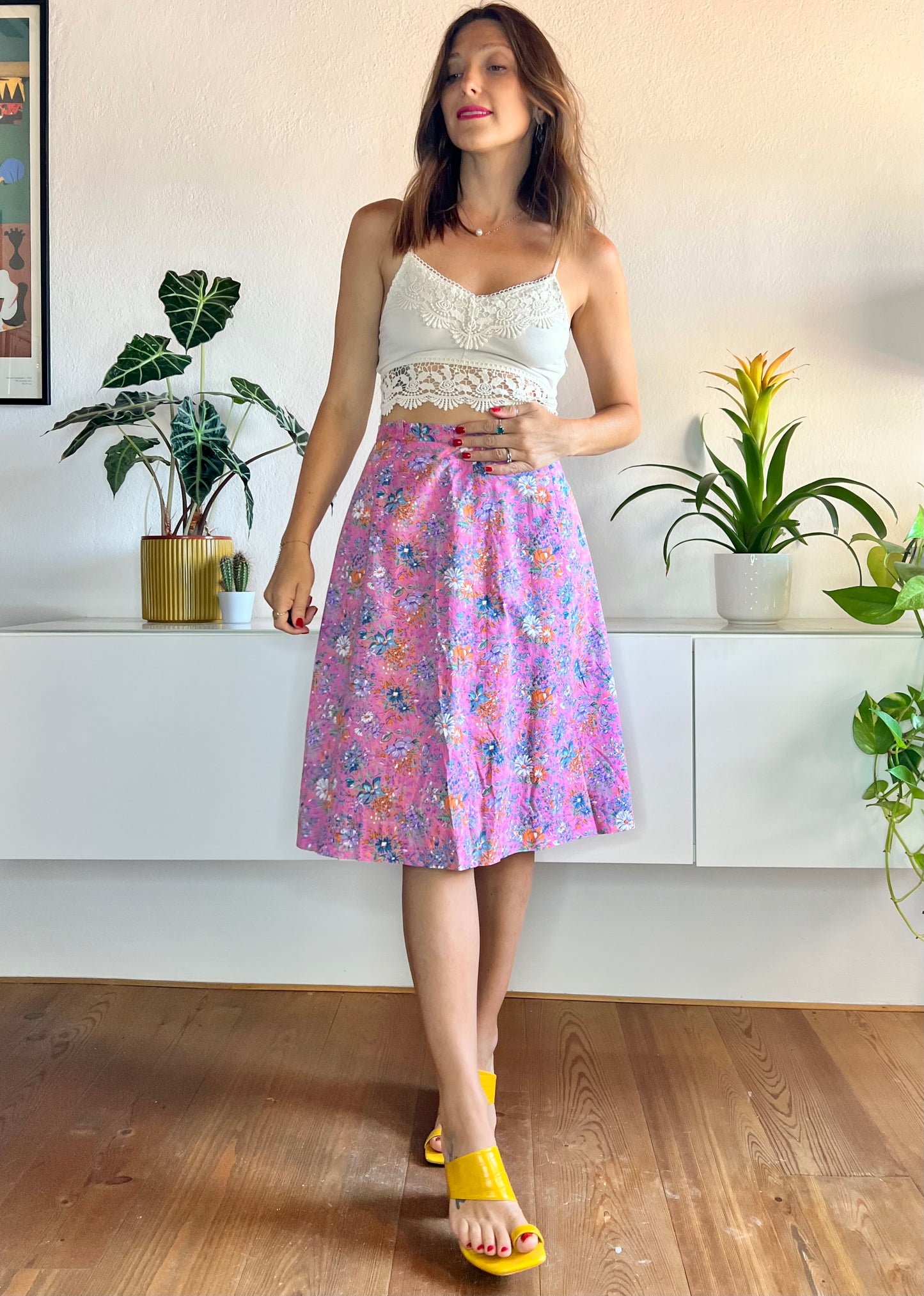 1970's vintage pink and orange floral midi skirt