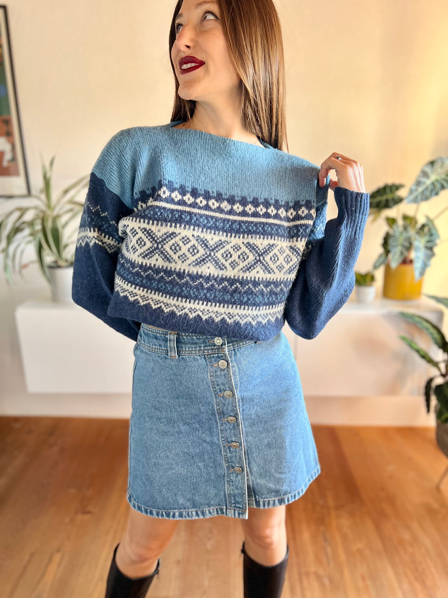 1970's vintage two tone blue fair isle wool pullover