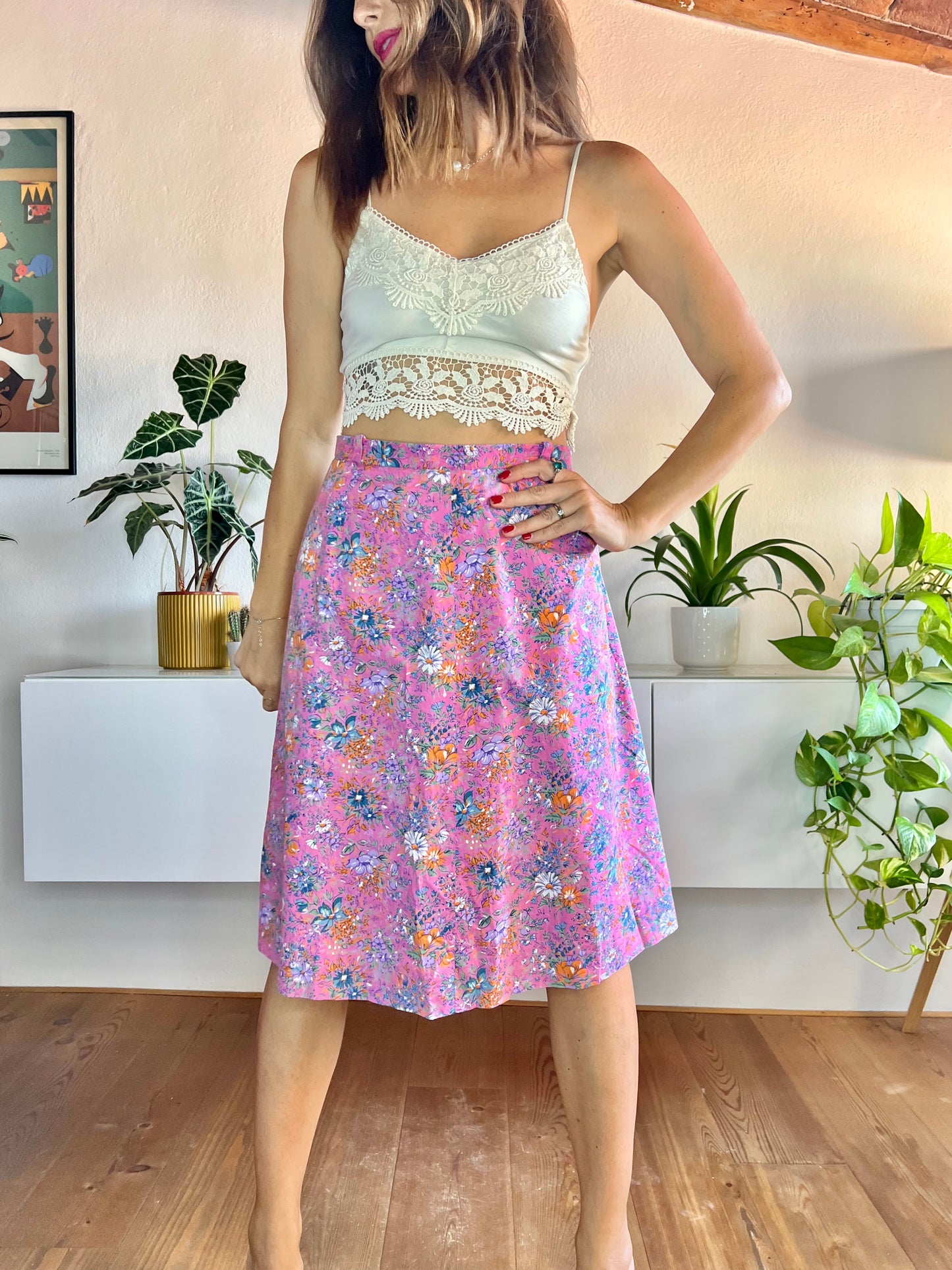 1970's vintage pink and orange floral midi skirt