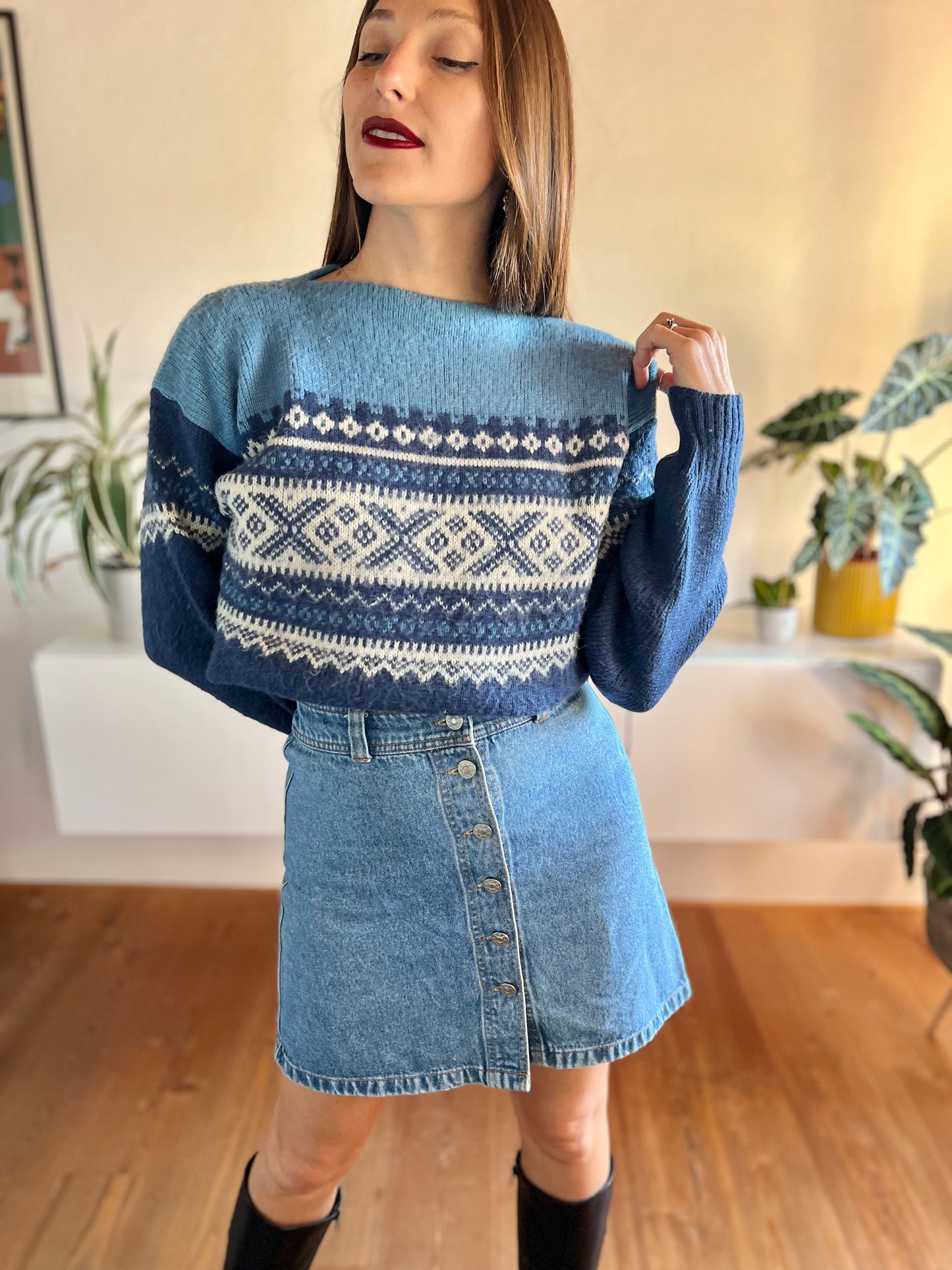 1970's vintage two tone blue fair isle wool pullover