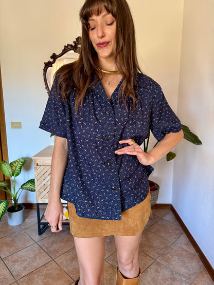 1970's vintage navy blue silk blouse with pink and tan abstract line print