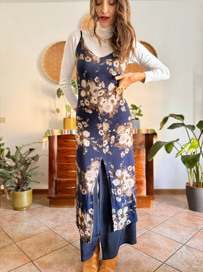 1990's vintage navy blue maxi dress with brown and cream floral print