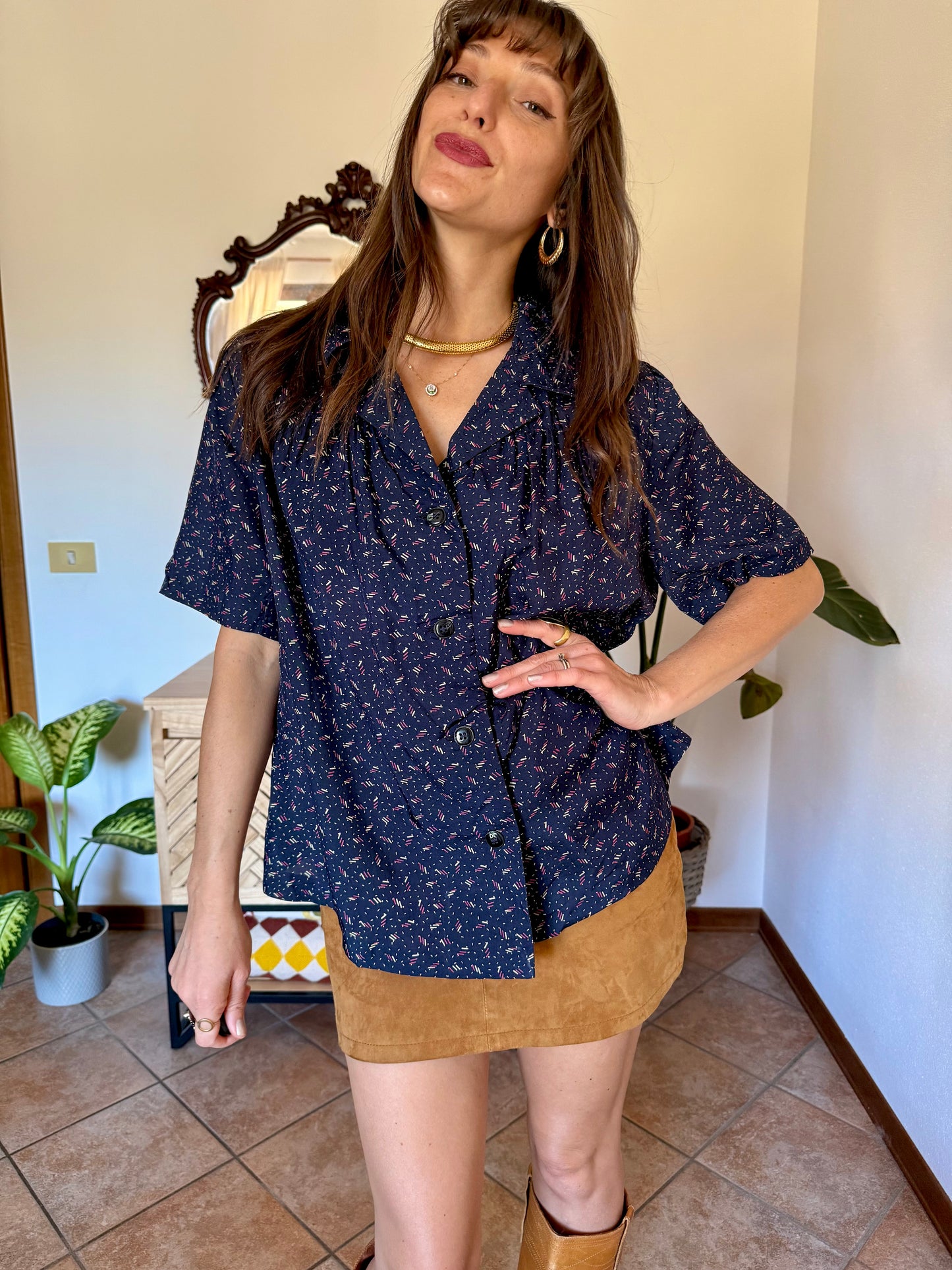1970's vintage navy blue silk blouse with pink and tan abstract line print