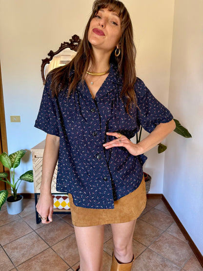 1970's vintage navy blue silk blouse with pink and tan abstract line print