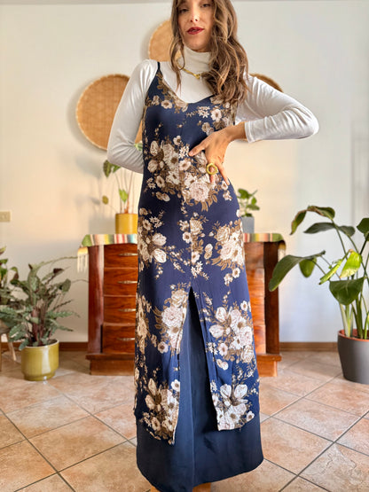 1990's vintage navy blue maxi dress with brown and cream floral print