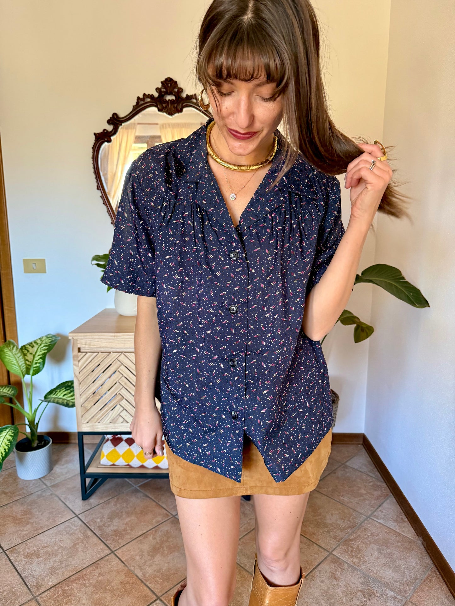 1970's vintage navy blue silk blouse with pink and tan abstract line print