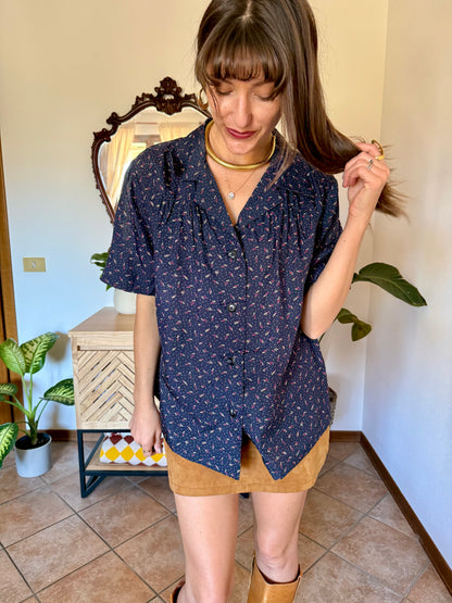 1970's vintage navy blue silk blouse with pink and tan abstract line print