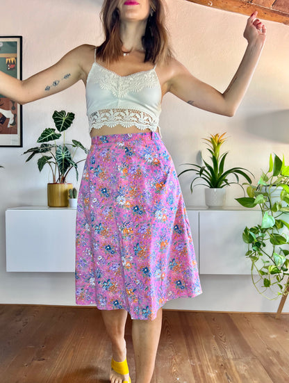 1970's vintage pink and orange floral midi skirt