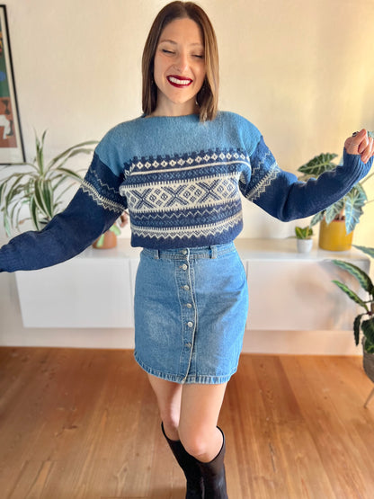 1970's vintage two tone blue fair isle wool pullover