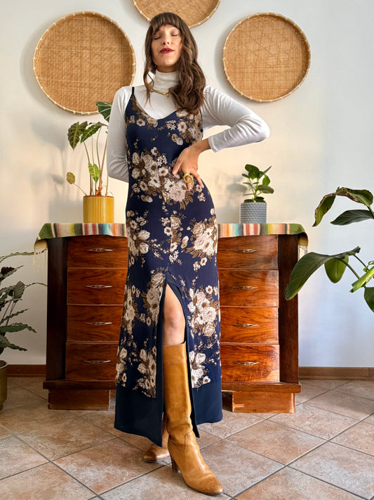 1990's vintage navy blue maxi dress with brown and cream floral print