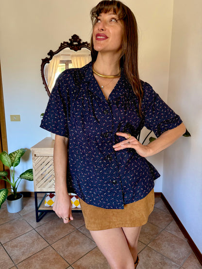 1970's vintage navy blue silk blouse with pink and tan abstract line print