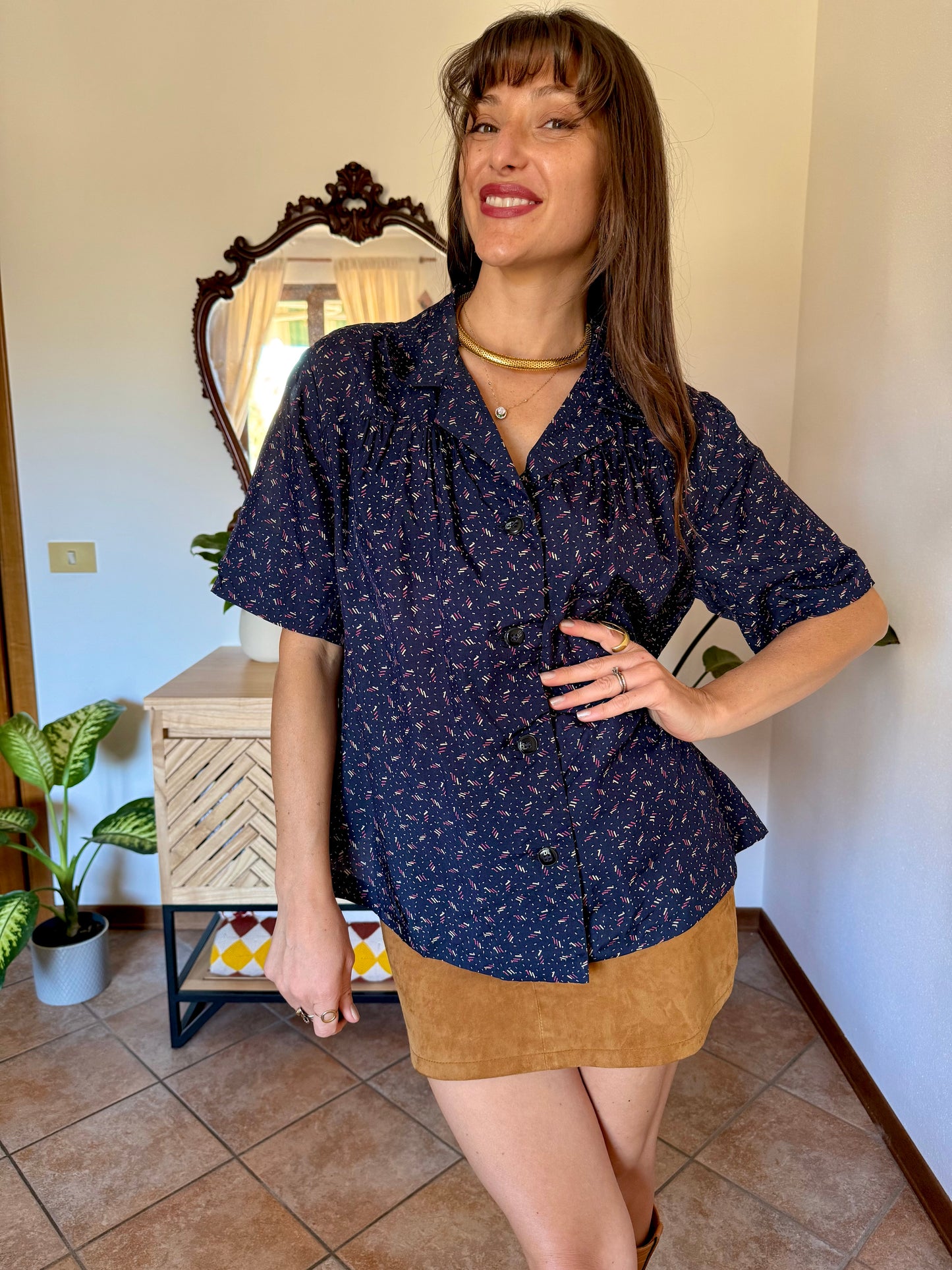 1970's vintage navy blue silk blouse with pink and tan abstract line print