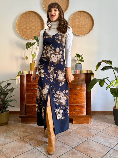 1990's vintage navy blue maxi dress with brown and cream floral print