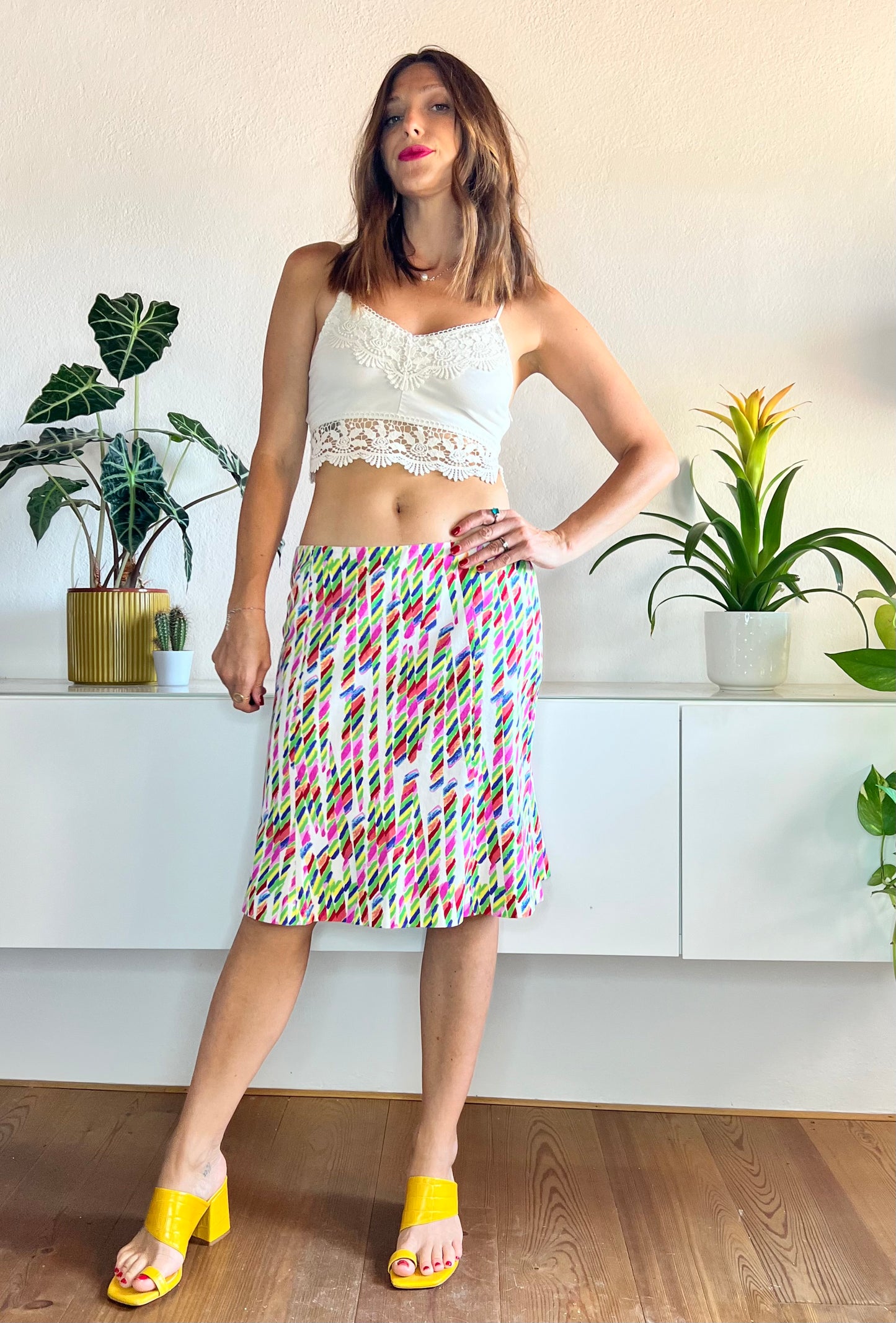 1980's vintage abstract rainbow print tulip skirt