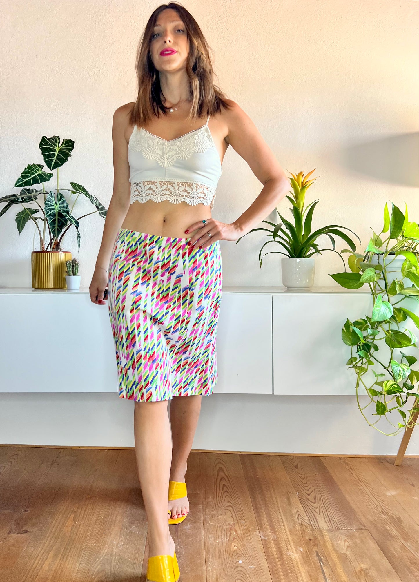 1980's vintage abstract rainbow print tulip skirt