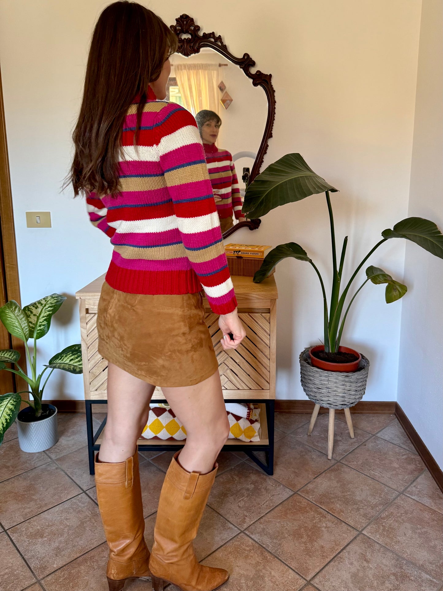 1990's vintage red, pink and blue stripe zip up wool knit cardigan