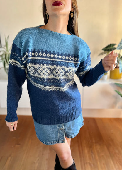 1970's vintage two tone blue fair isle wool pullover