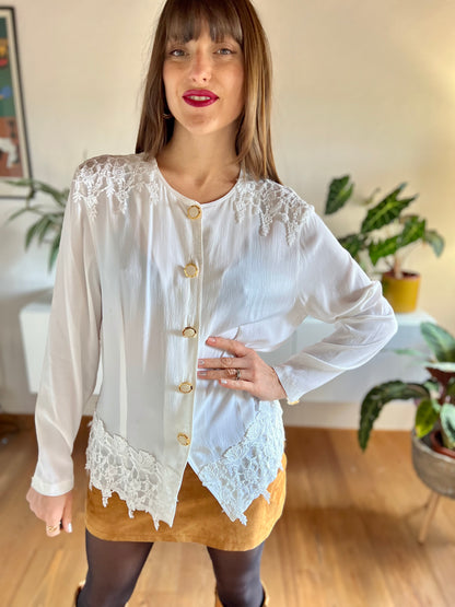 1980's vintage oversize white blouse with crocheted lace details and oversize hexagon buttons