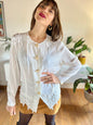 1980's vintage oversize white blouse with crocheted lace details and oversize hexagon buttons