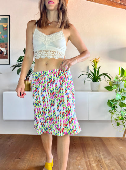 1980's vintage abstract rainbow print tulip skirt