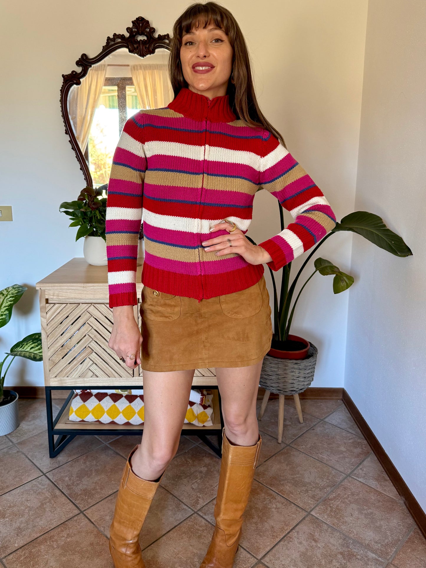 1990's vintage red, pink and blue stripe zip up wool knit cardigan