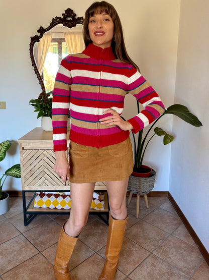 1990's vintage red, pink and blue stripe zip up wool knit cardigan
